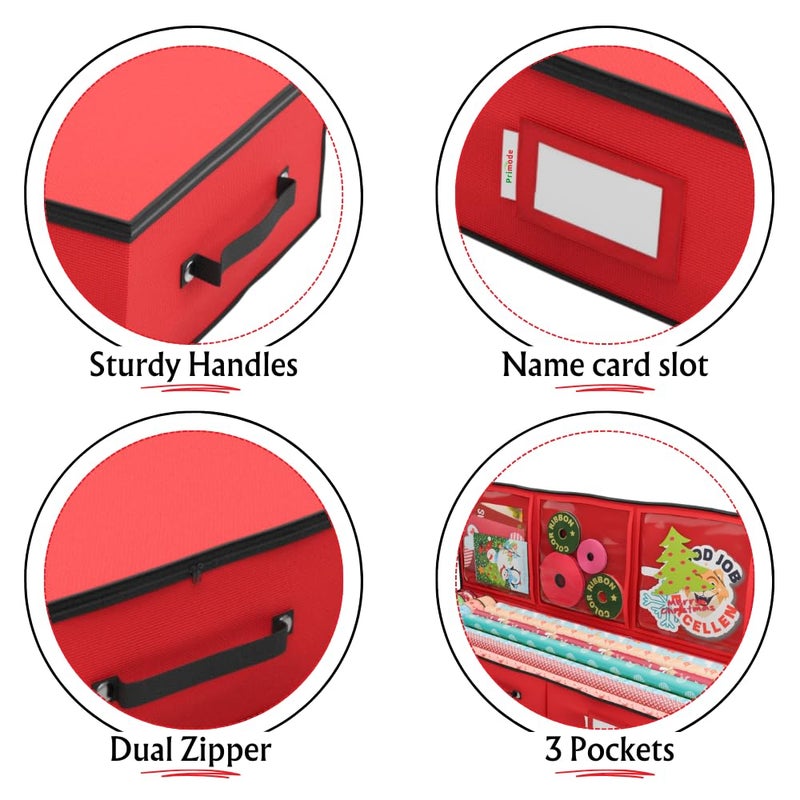 Primode Wrapping Paper Storage Container | Gift Wrap Organizer Under Bed | 41â€x14â€x6â€ | Fits 18-24 Rolls Up to 40â€ | 600D Oxford | Box Holder with Pockets for Ribbon, Bows and Accessories (Red) - Image 3